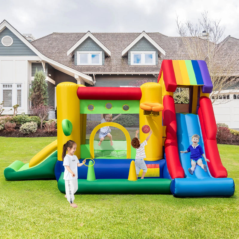 Costway Colorful Rainbow Kids Inflatable Bounce Castle With 50 Ocean Balls And 735W Blower