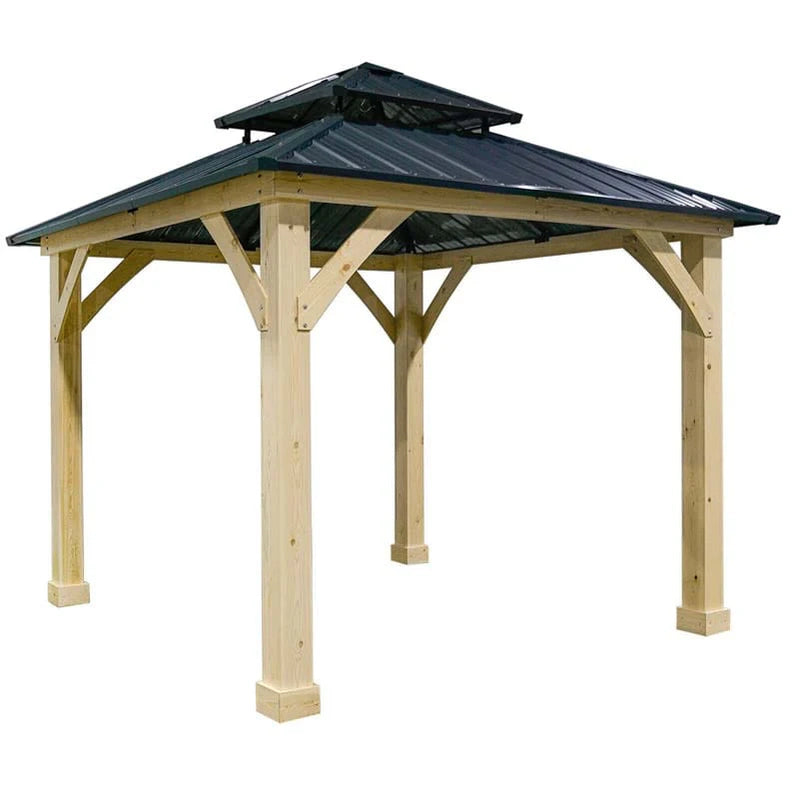 10 x 10 Ft. Outdoor Patio Hardtop Gazebo With Wood Frame And 2-Tier Metal Roof, All-Weather Gazebo Pergolas Shelter