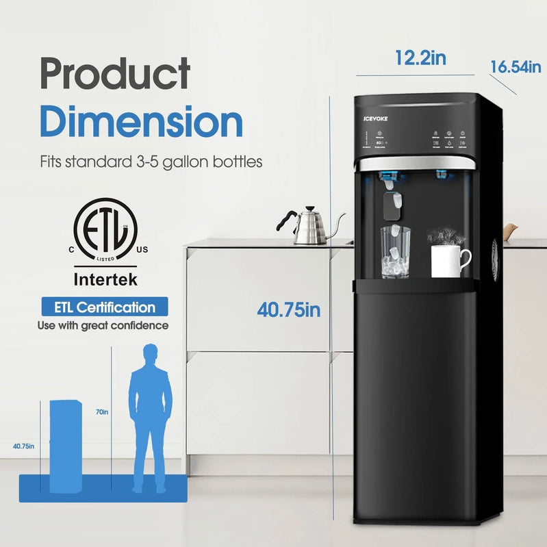 Self-Cleaning Water Dispenser With Ice Maker, Bottom Load, Black