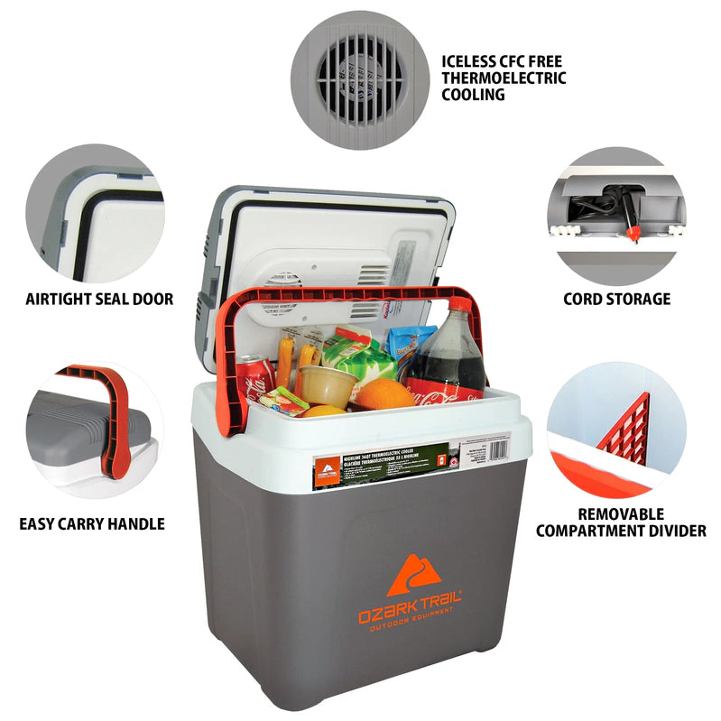 Ozark Trail 26QT Electric Cooler 12V Portable Travel Beach Camping Picnic Insulated Cooler 30 Cans Iceless 24L, Grey