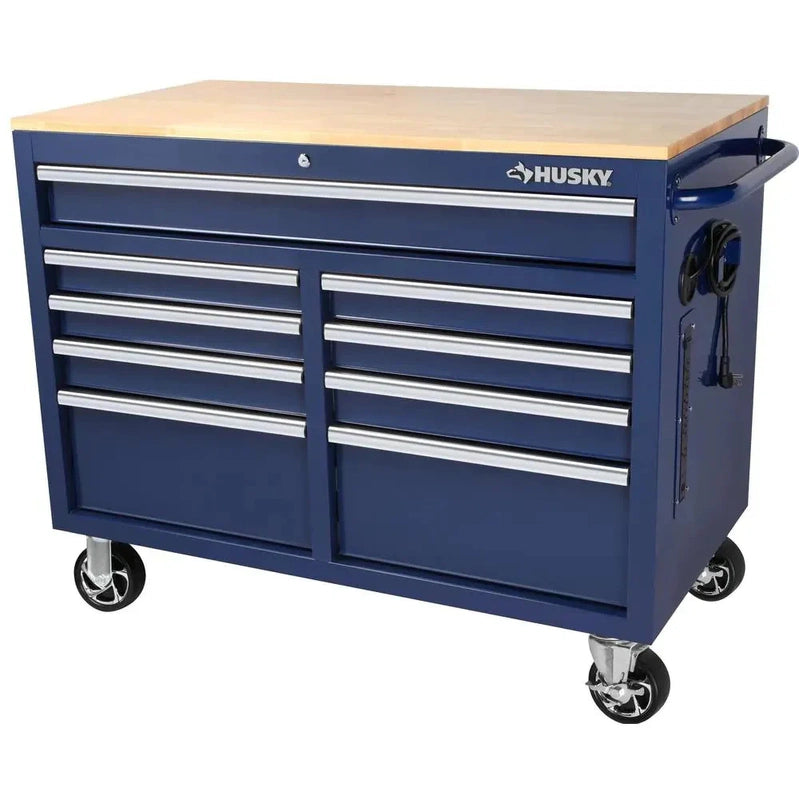 Mobile Workbench With 9 Drawers, Hardwood Top And Power Connection, 117 Cm W x 62 Cm D C High-Gloss Black