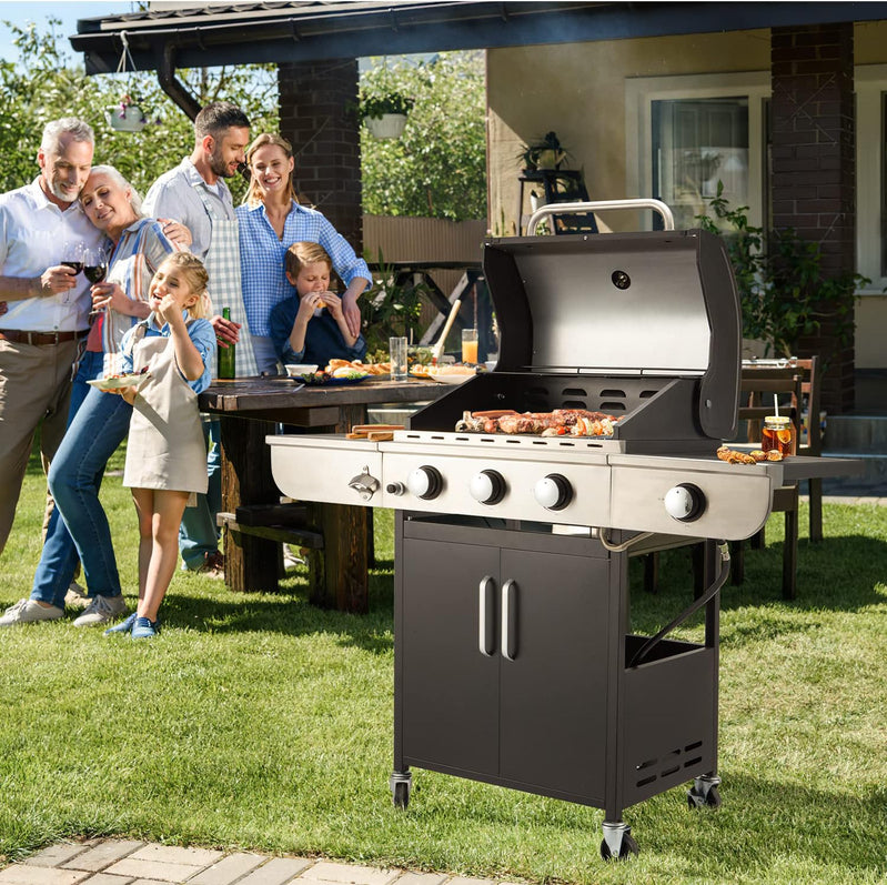 Upgraded 4 Burner Bbq Propane Gas Grill With Cast Iron Grates And Side Stove, 44,000 BTU Stainless Steel Burner Barbecue Grill For Patio