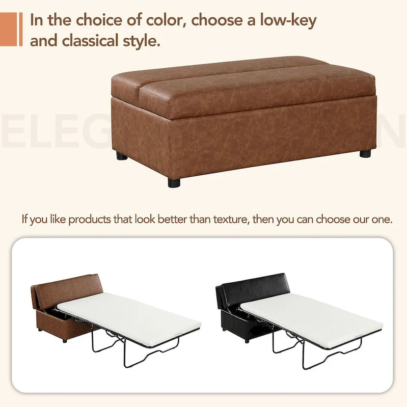 Twin Size Folding Pull Out Ottoman Sleeper Bed With Mattress Convertible Guest Bed, PU Upholstered Sleeper Sofa