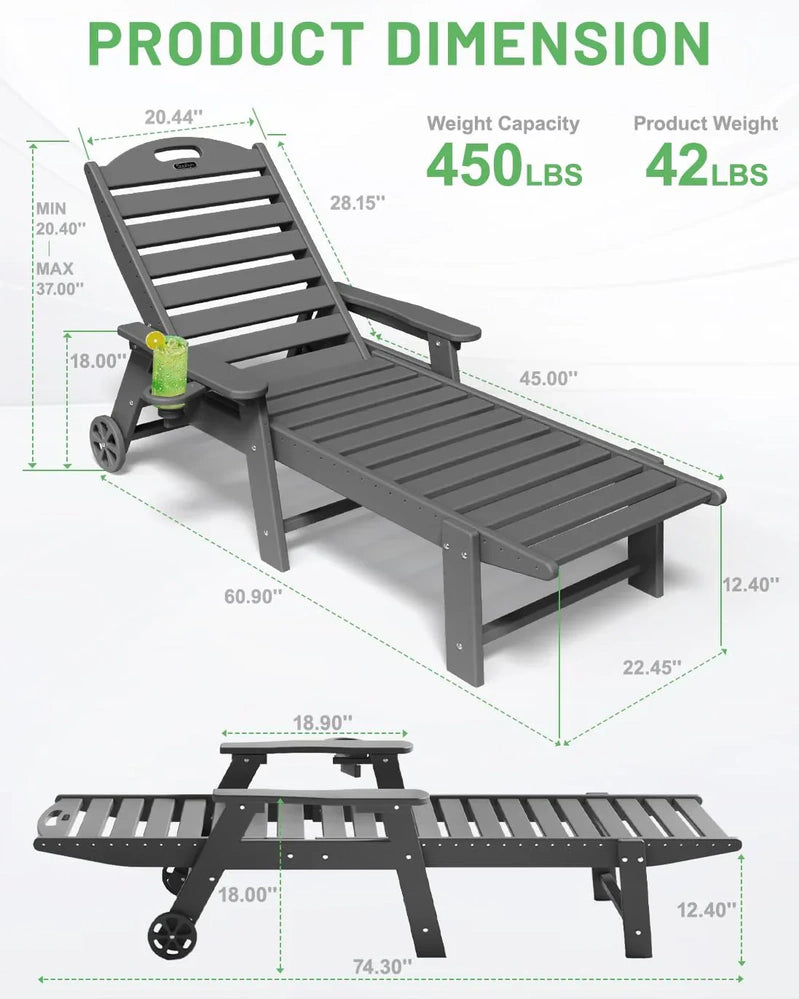 Lounge Chair Outdoor, Chaise Lounge, HDPE 6-Position Outdoor Chaise Lounge