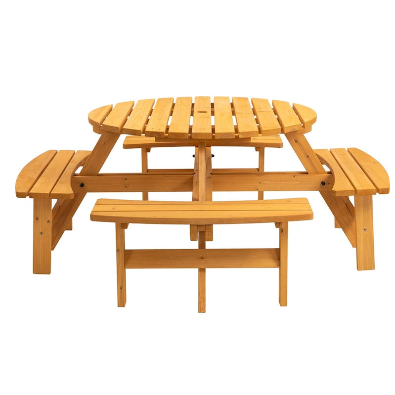 8-Person Outdoor Patio Fir Wood Round Picnic Dining Set With 4 Built-In Benches And Umbrella Hole