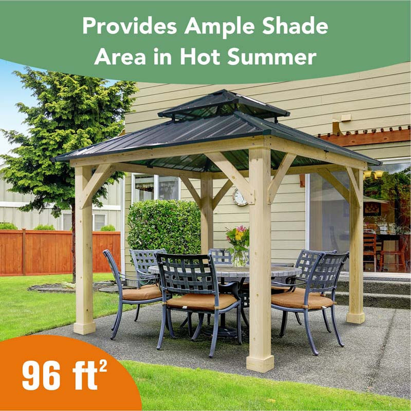 10 x 10 Ft. Outdoor Patio Hardtop Gazebo With Wood Frame And 2-Tier Metal Roof, All-Weather Gazebo Pergolas Shelter