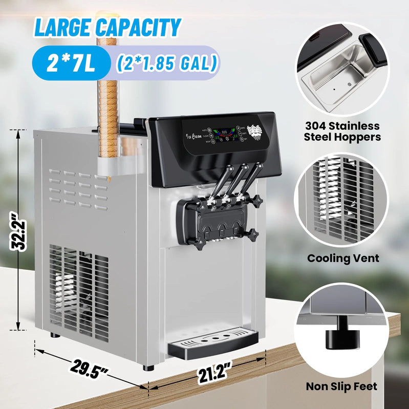 Garvee 2200W Commercial Ice Cream Machine, 3 Flavor Soft Serve Ice Cream Machine, 5.3-7.4 Gal/Hr, With LCD Touch Screen, Automatic Cleaning