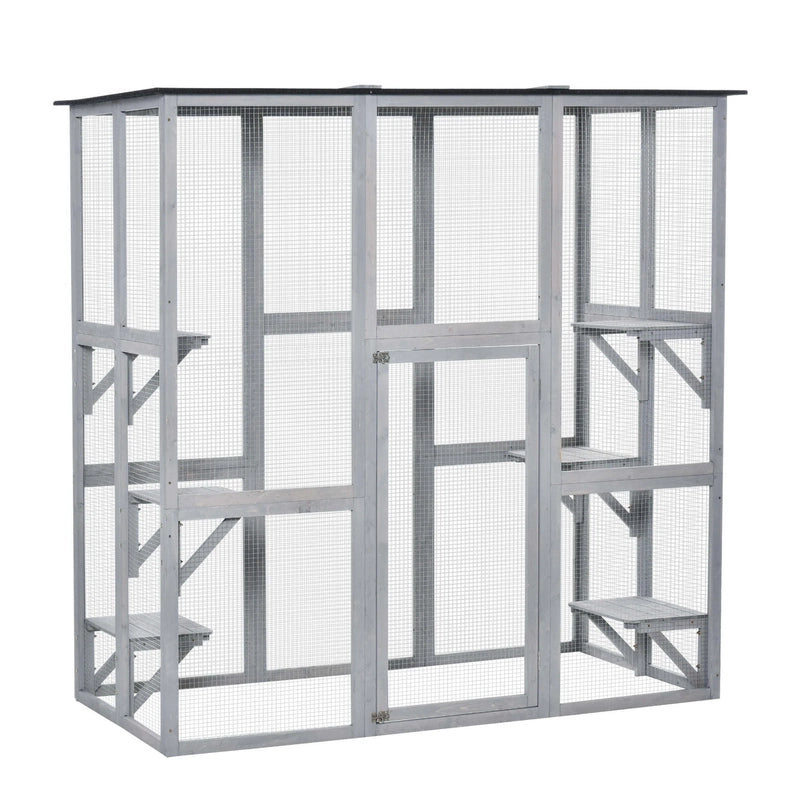 PawHut Wooden Catio Enclosure With Weather Protection, 6 Platforms, Outdoor, Large, 71 In. x 38.5 In. x 71 In