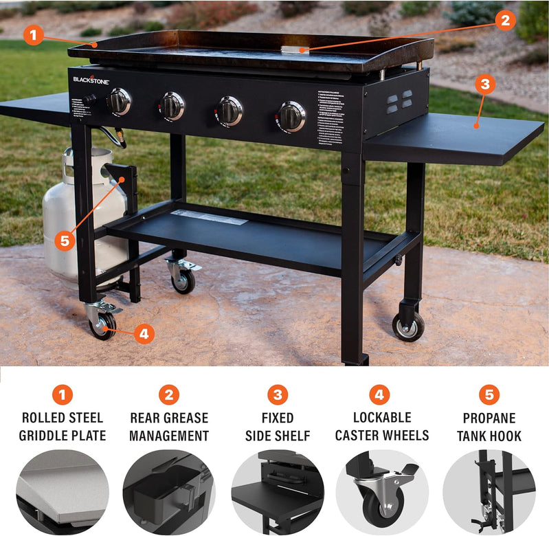 36 In. Gas Griddle Cooking Station 4 Burner Flat Top Gas Grill Propane Fueled Restaurant Grade Professional Outdoor Griddle Station, 1554