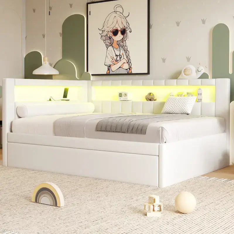 Upholstered Platform Bed With USB Ports And LED Lighting, Full/Twin Size Bed Frame With 2 Storage Drawers, Modern Bedroom