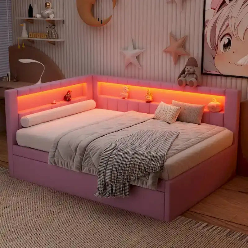 Upholstered Platform Bed With USB Ports And LED Lighting, Full/Twin Size Bed Frame With 2 Storage Drawers, Modern Bedroom