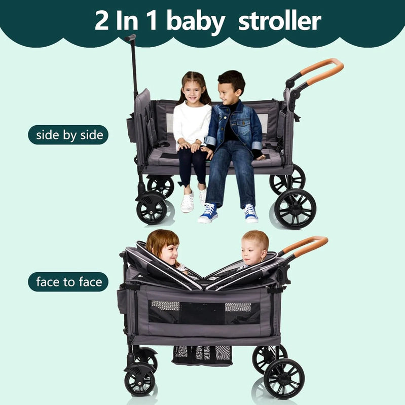 Wagon Stroller For 2 Kids And Cargo-Travel Stroller Push-Pull Double Wagon Lightweight Folding Stroller For Newborn And Toddler With 5-Point