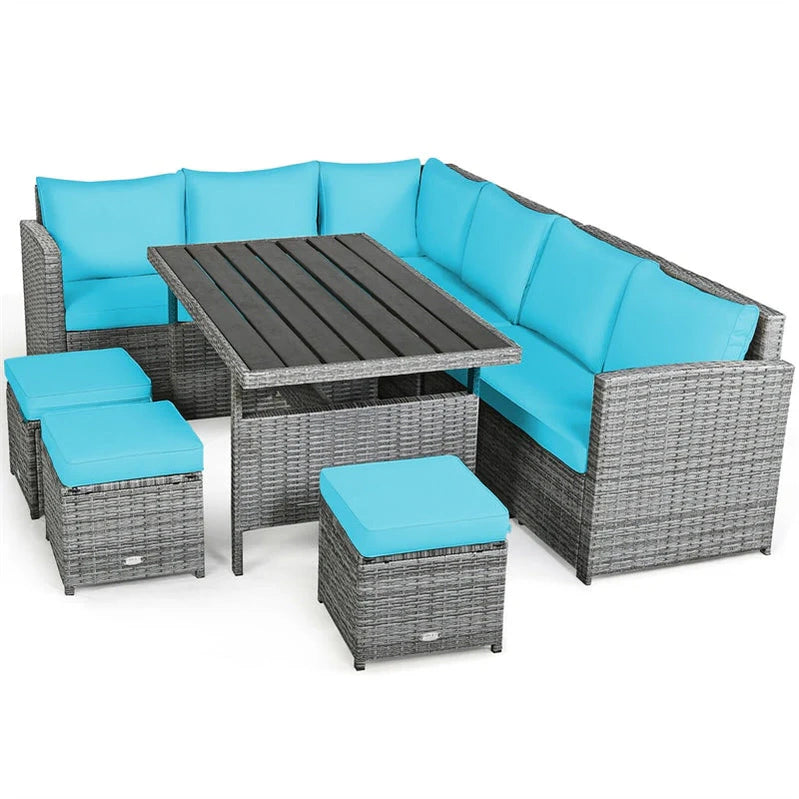 7 Pcs Rattan Patio Dining Furniture Sectional Sofa Set With Dining Table, Ottomans And Cushions