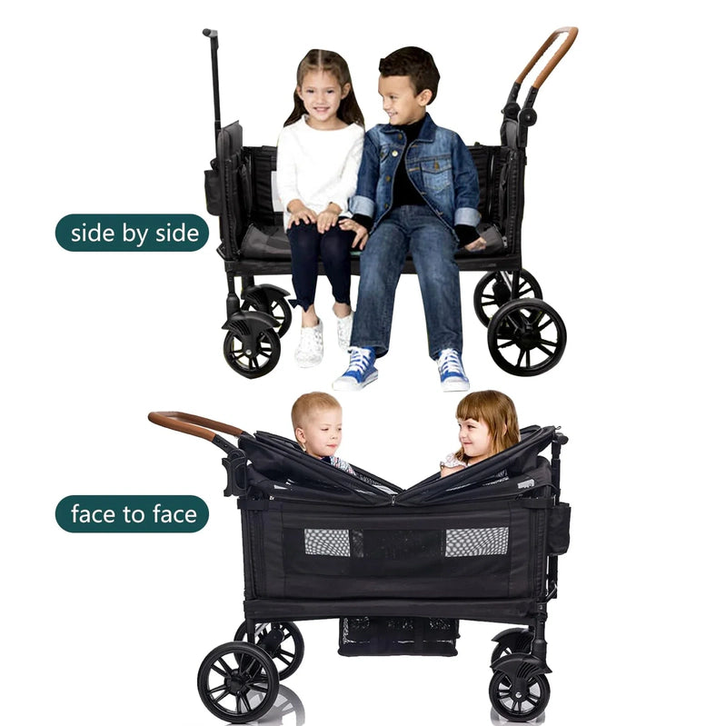 Wagon Stroller For 2 Kids And Cargo-Travel Stroller Push-Pull Double Wagon Lightweight Folding Stroller For Newborn And Toddler With 5-Point