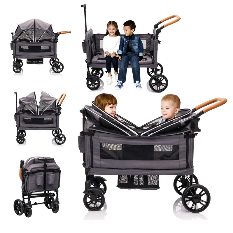 Wagon Stroller For 2 Kids And Cargo-Travel Stroller Push-Pull Double Wagon Lightweight Folding Stroller For Newborn And Toddler With 5-Point