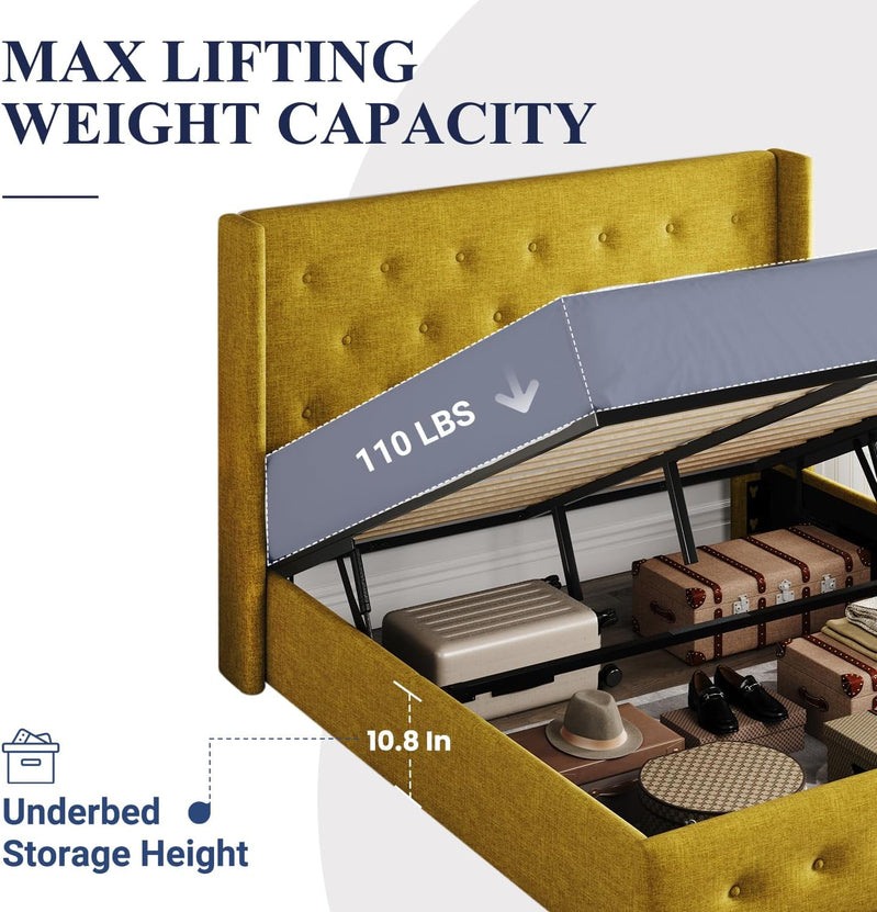 Allewie Queen Size Lift Up Storage Bed, Modern Wingback Headboard, Hydraulic Support, No Box Spring Needed, Light Beige