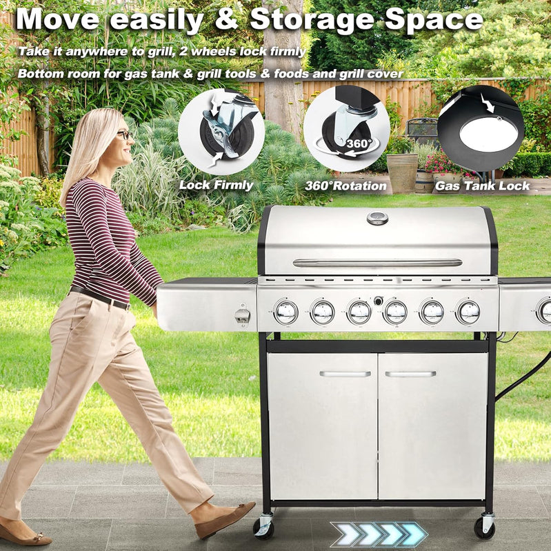 Upgraded 4 Burner Bbq Propane Gas Grill With Cast Iron Grates And Side Stove, 44,000 BTU Stainless Steel Burner Barbecue Grill For Patio