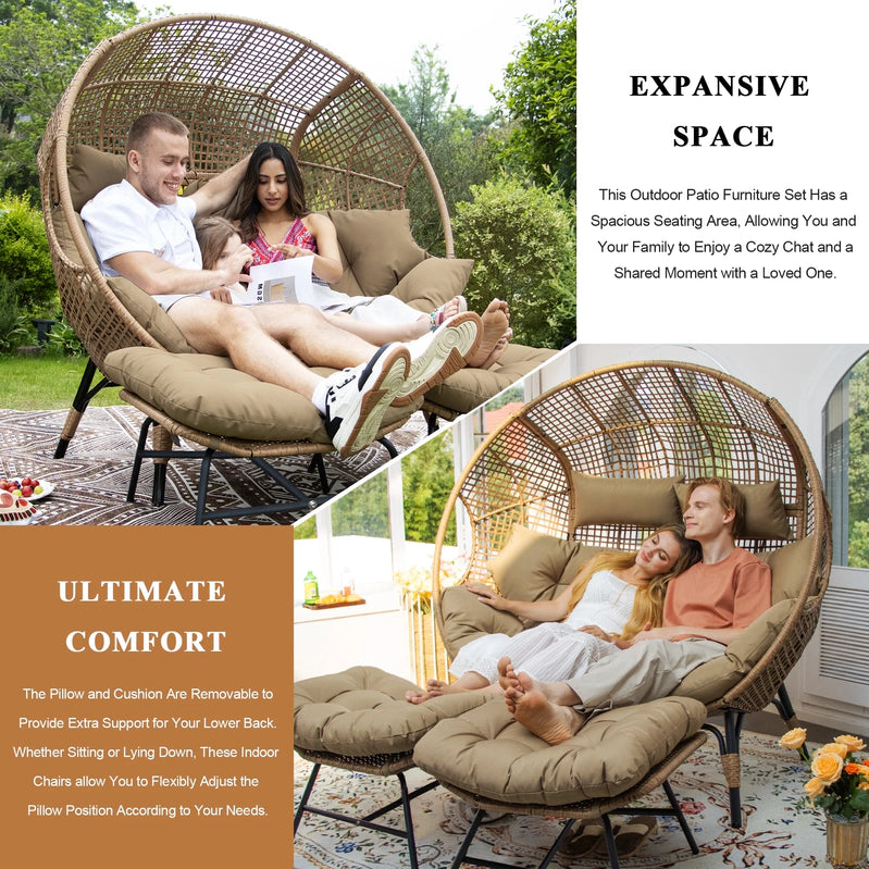 Radiata Double Egg Chair For 2 Person, Oversized Wicker Loveseat With Thick Cushions, 680 Lbs Capacity