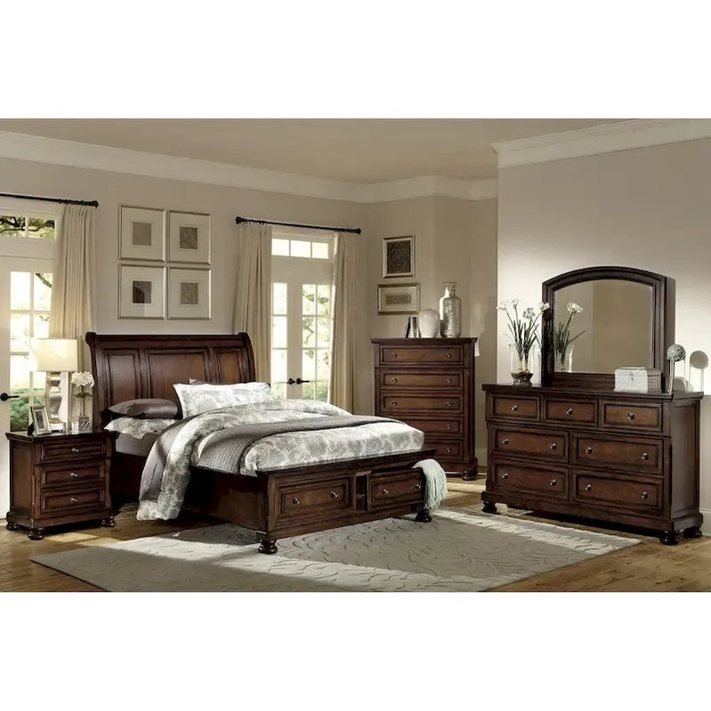 Master Bedroom Set 5pc Classic Brown Cherry Finish Platform Storage Bed