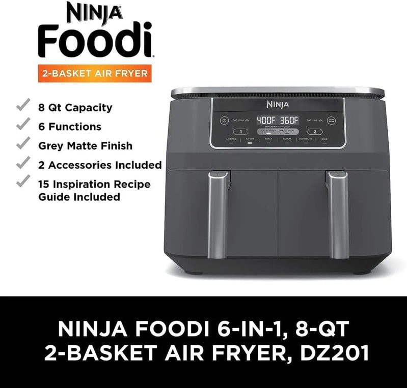 Ninja Foodi 10QT 6-in-1 DualZone Smart XL Air Fryer, 2 Independent 5QT Baskets, Smart Cook Thermometer, Match Cook, Smart Finish, Air Fry, DZ550