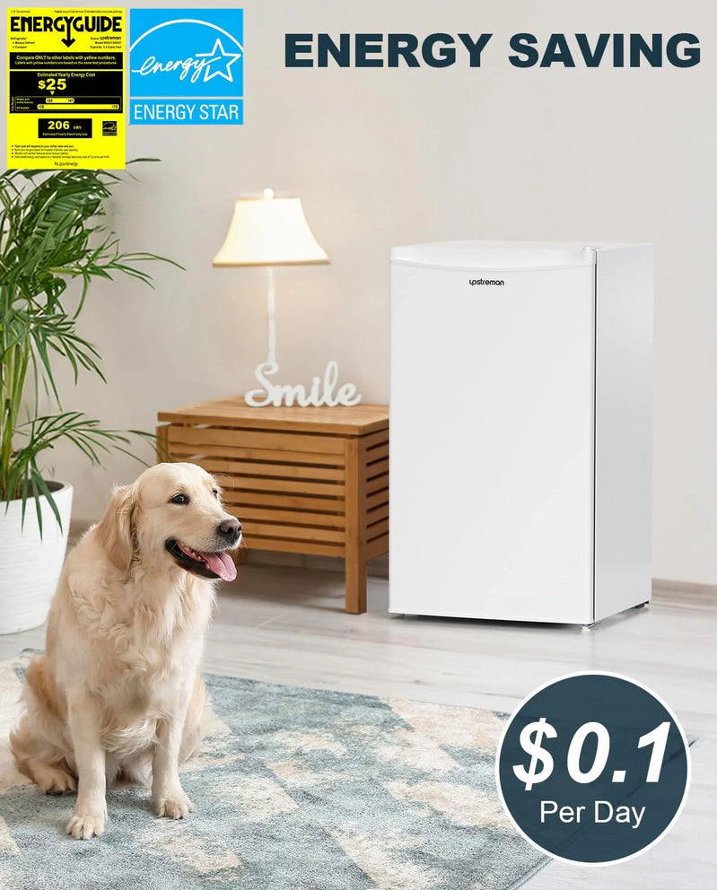Upstreman 3.2 Cu. Ft. Mini Fridge With Freezer, Single Door Mini Fridge, Dorm Fridge, Adjustable Thermostat, Black-BR321