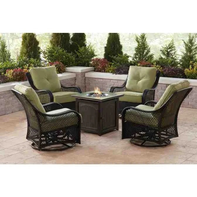 5-piece Steel Patio Fire Pit Seating Set With Navy Blue Cushions, Swivel Gliders And Square Fire Pit Table