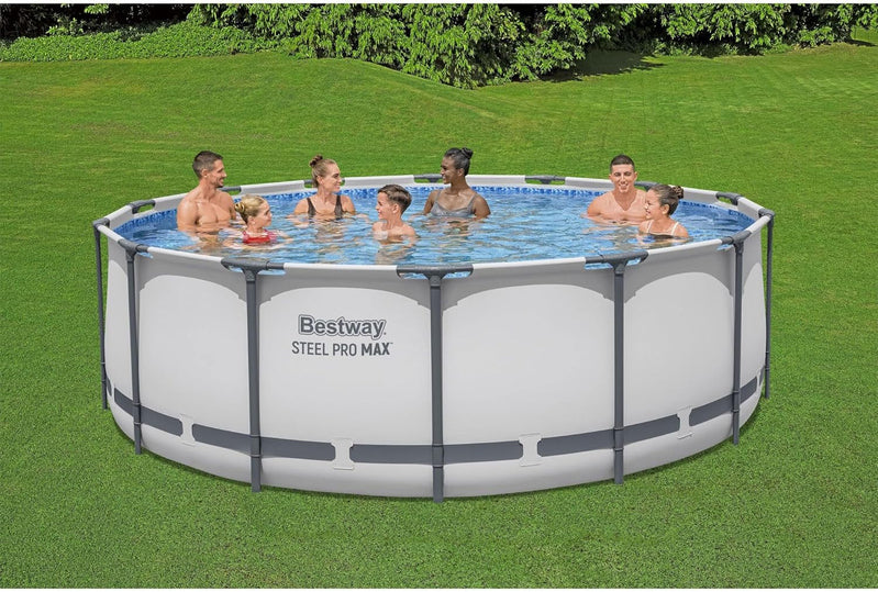 Steel Pro MAX 14 Ft. x 48 In. Round Metal Frame Above Ground Outdoor Swimming Pool Set With 1,000 Filter Pump, Ladder, And Cover, Gray