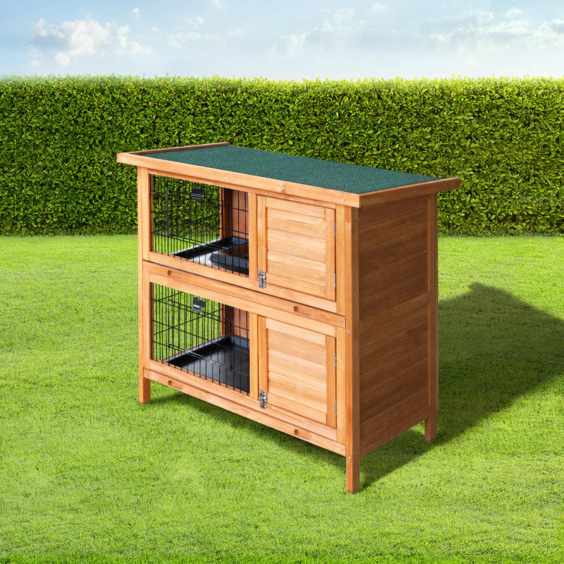 Double Level Wooden Rabbit Hutch With Slide-Out Tray- i.Pet