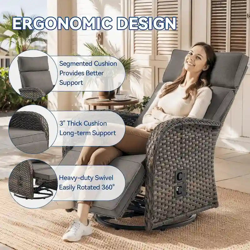 Pocassy 3PCS Versatile Outdoor Recliner Chair With Side Table Grey Cushion