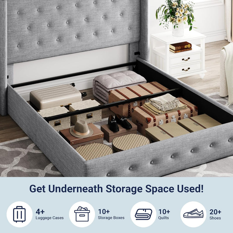 Allewie Queen Size Lift Up Storage Bed, Modern Wingback Headboard, Hydraulic Support, No Box Spring Needed, Light Beige