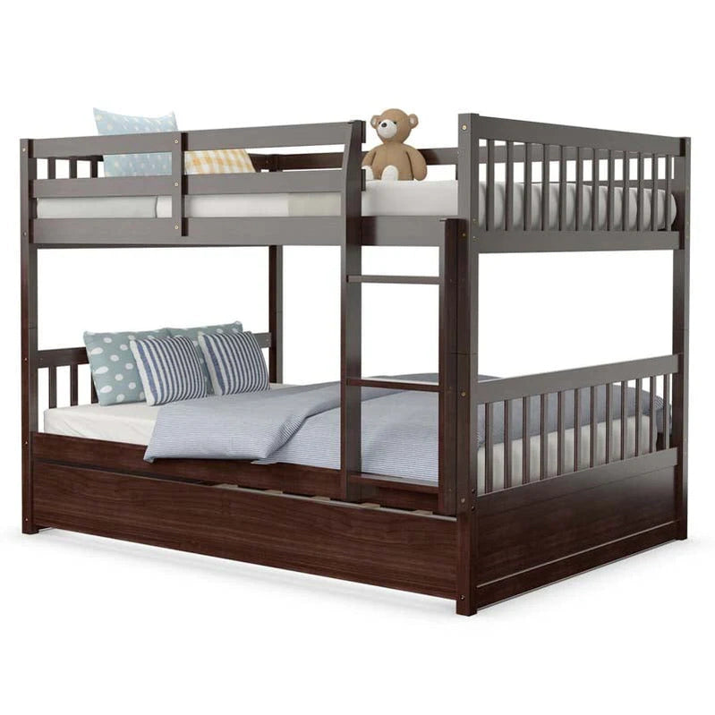 Solid Wood Full Over Full Bunk Bed Frame With Trundle, Safety Ladder And Guardrails, Convertible Bunk Bed For Kids Teens