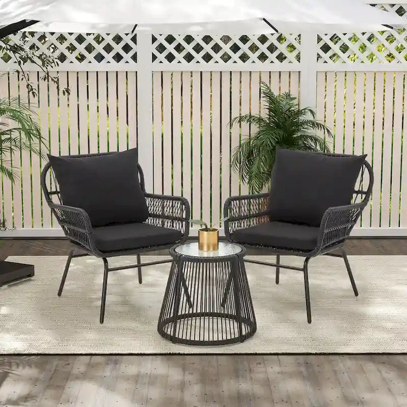 3-Piece Patio Conversation Bistro Set, Outdoor Rattan Furniture Set With Glass Table And 2 Wide Armchairs, Seat Cushions