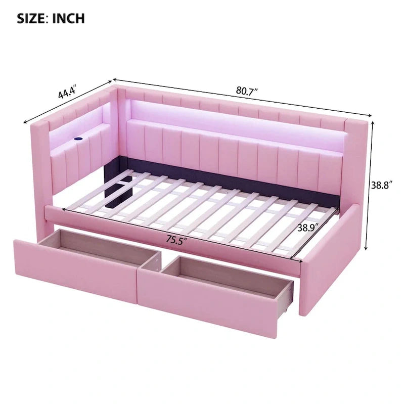 Upholstered Platform Bed With USB Ports And LED Lighting, Full/Twin Size Bed Frame With 2 Storage Drawers, Modern Bedroom