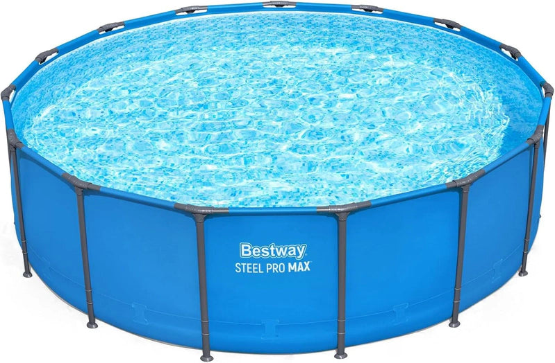 Steel Pro MAX 14 Ft. x 48 In. Round Metal Frame Above Ground Outdoor Swimming Pool Set With 1,000 Filter Pump, Ladder, And Cover, Gray