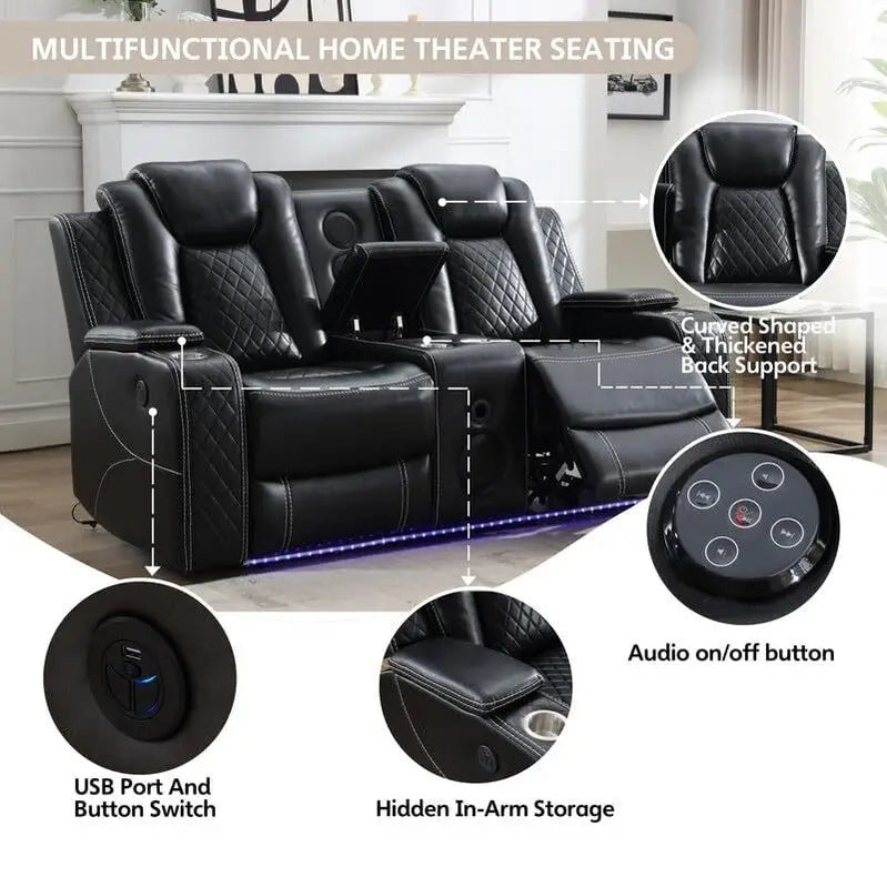 Power Reclining Sofa With Wireless Charger, Reading Light For Living Room, Faux Leather LED Light, AC/USB Port, Cup Holder, Black
