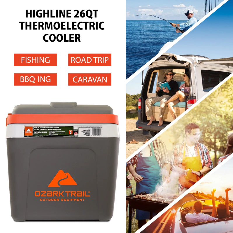 Ozark Trail 26QT Electric Cooler 12V Portable Travel Beach Camping Picnic Insulated Cooler 30 Cans Iceless 24L, Grey