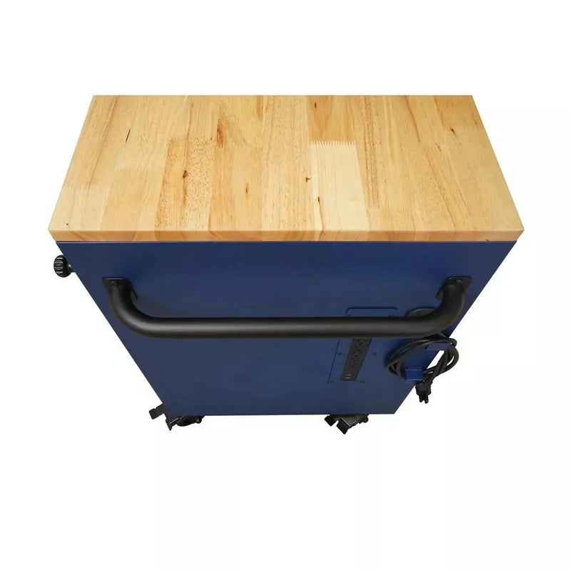 Heavy-Duty 52 In. 9-Drawer Mobile Workbench With Adjustable-Height Solid Wood Top In Matte Blue