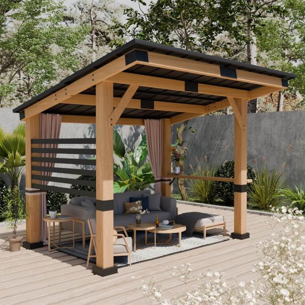 10x12FT Heavy Duty Premium Outdoor All-Season Wooden Cedar Hardtop Gazebo With Metal Roof And Back Curtains, SAK57184