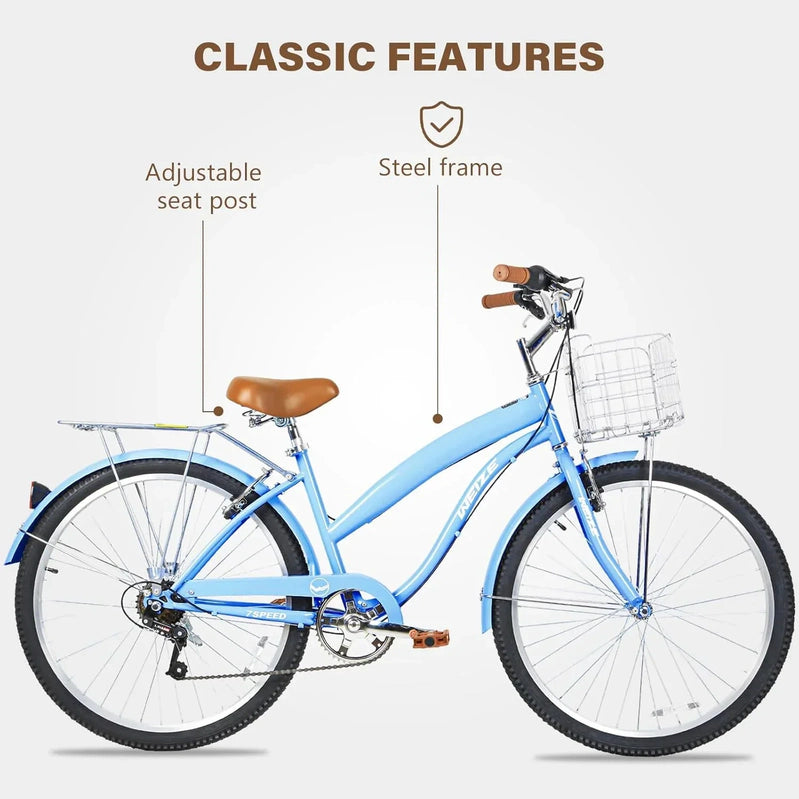 Weize Beach Cruiser Bike 26 In. Commuter Bicycle For Adult Men And Women 7-Speed/High-Carbon