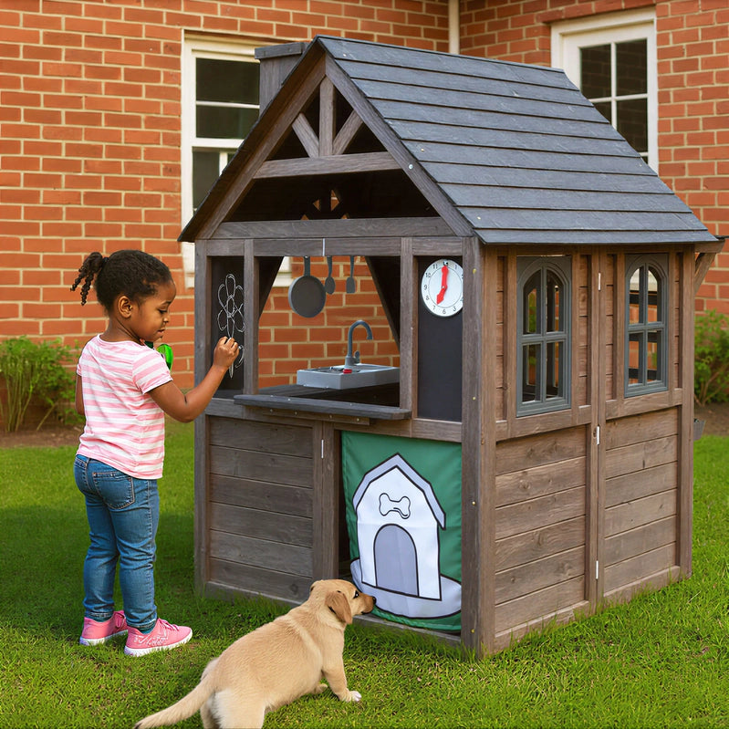 Coclub Outdoor Playhouse For Kids Ages 4-8, Wooden Play House With Doorbell, Phone, Kitchen Toys, Outdoor Kids Play Equipment, Casa Para Ni As