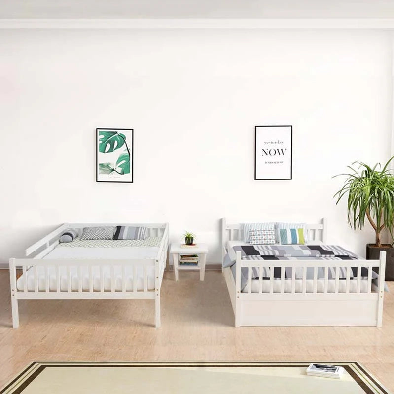 Solid Wood Full Over Full Bunk Bed Frame With Trundle, Safety Ladder And Guardrails, Convertible Bunk Bed For Kids Teens