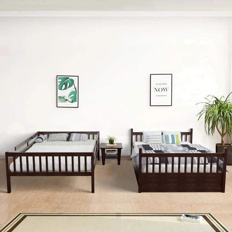 Solid Wood Full Over Full Bunk Bed Frame With Trundle, Safety Ladder And Guardrails, Convertible Bunk Bed For Kids Teens
