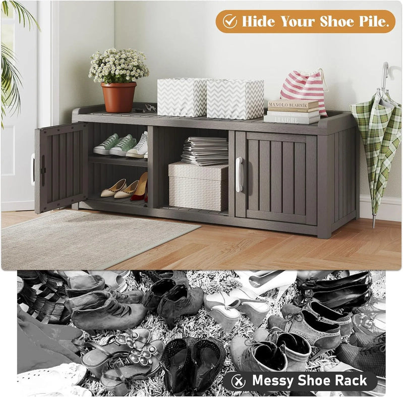 Kamaboko Outdoor Shoe Storage Cabinet, Waterproof UV-Resistant Entryway Storage Bench Indoor Outdoor With 2 Barn Doors