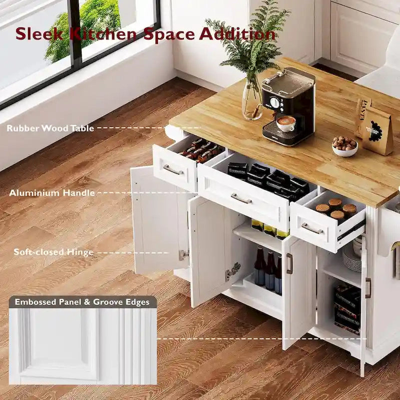 Large Kitchen Island With Wood Drop Leaf, Embossed Texture Rolling Kitchen Cart wDoors And Drawers wStorage For Kitchen, White