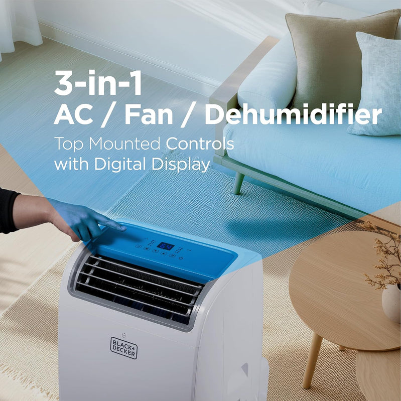 Black Plus Decker 10,000 BTU Portable Air Conditioner For Rooms Up To 450 Sq With Remote Control