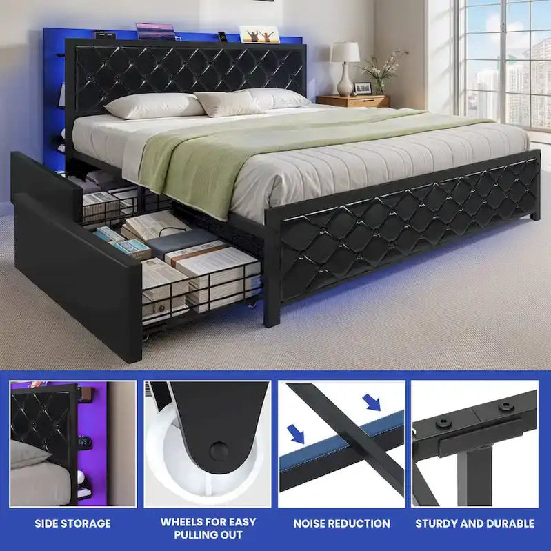 Moasis Queen Size PU Bed Frame LED Upholstered Platform Bed Frame