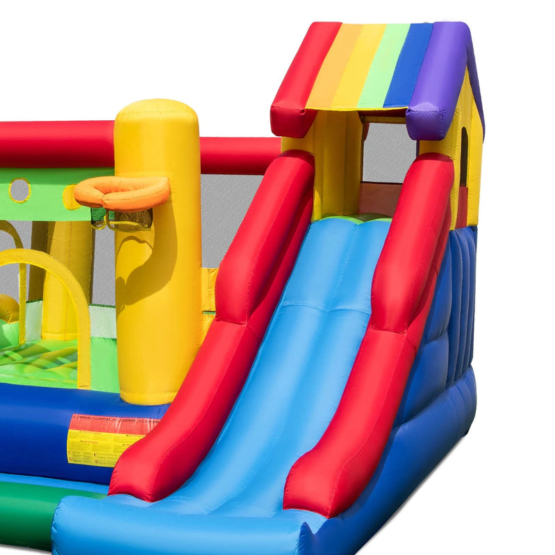 Costway Colorful Rainbow Kids Inflatable Bounce Castle With 50 Ocean Balls And 735W Blower