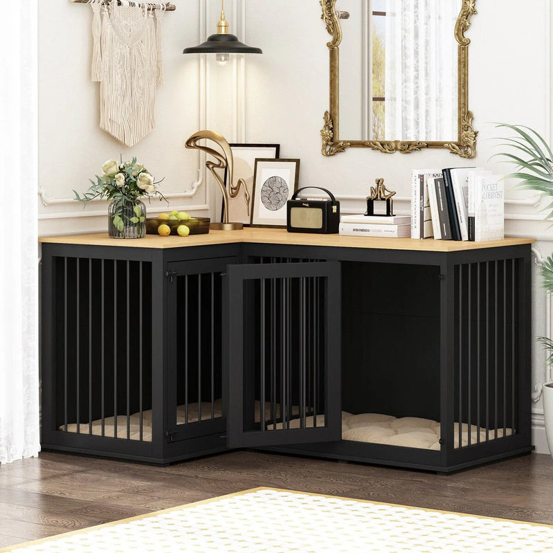 Large Corner Dog Crate Furniture For 2 Dogs, L Shape Dog Crate Cage, 58.7X41.1