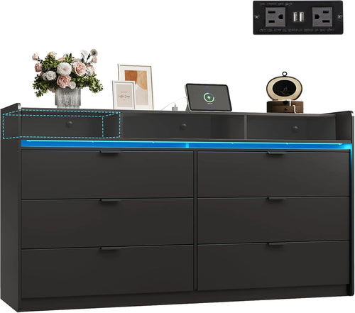 9 Drawer LED Dresser For Bedroom, 58.35 In. Wide Wood Dresser Storage Organizer With Power Outlets For 65 In. TV, Dressers With Open Shelves