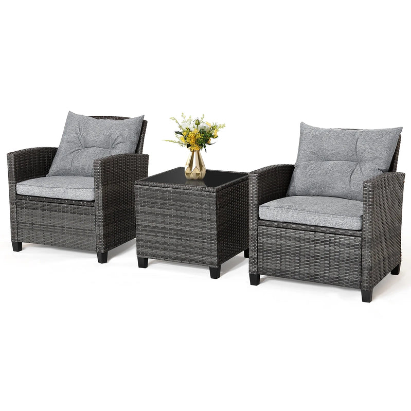 Gymax 3PCS Patio Rattan Sofa Set Outdoor Wicker Conversation Set Glass Tabletop w/Grey Cushion